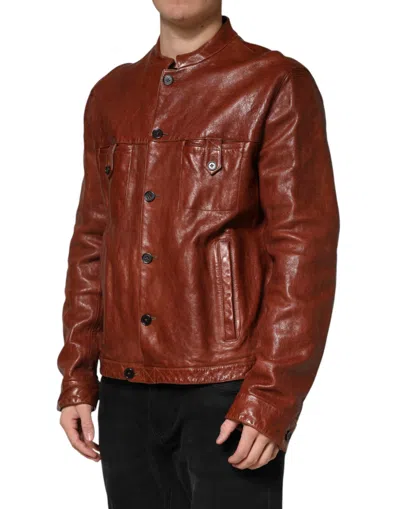 Dolce & Gabbana Brown Leather Button Down Men Biker Jacket In Brown
