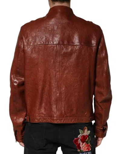 Dolce & Gabbana Brown Leather Button Down Men Biker Jacket In Brown