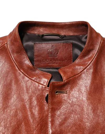 Dolce & Gabbana Brown Leather Button Down Men Biker Jacket In Brown