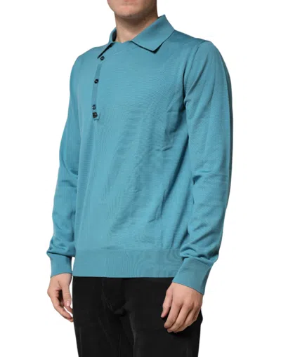 Dolce & Gabbana Teal Wool Collared Polo Pullover Sweater In Blue