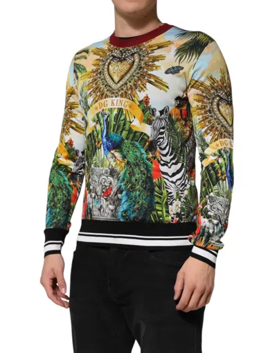 Dolce & Gabbana Tropical Heart Crown Silk Pullover Sweater In Green