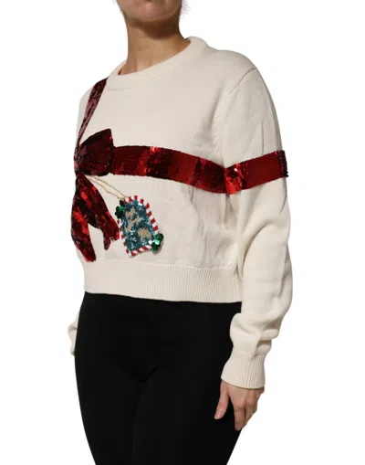 Dolce & Gabbana Sequined Crew Neck Pullover Cropped Sweater In Neutral