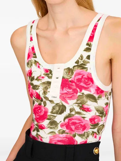 Chloé Cotton Henley Tank Top With All-over Floral Pattern In Pink