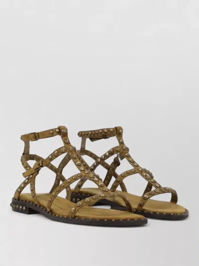 Ash Sandals Ankle Strap Flat Sole Studs In Brown