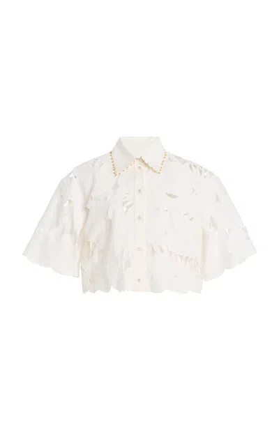 Zimmermann Womens Ivory Mahon Embroidered Cropped Cotton Shirt Xl In White