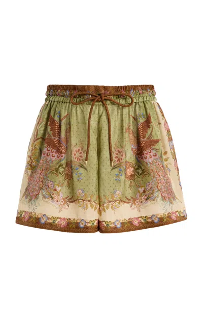 Zimmermann Indra Relaxed Silk Shorts Khaki Scarf Floral In Multi