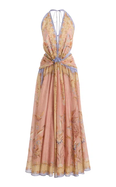 Zimmermann Indra Plunge Printed Metallic Cotton And Silk-blend Halterneck Maxi Dress In Brown