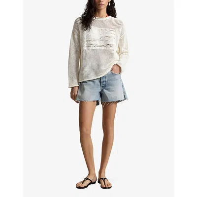 Polo Ralph Lauren Womens White Multi Flag Pointelle-knit Cotton Jumper
