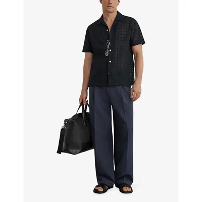 Reiss Navy Belardo Cotton-blend Crochet Tile-pattern Shirt In Black