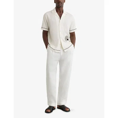 Reiss White Solano Textured Motif-print Cuban-collar Shirt In Neutral