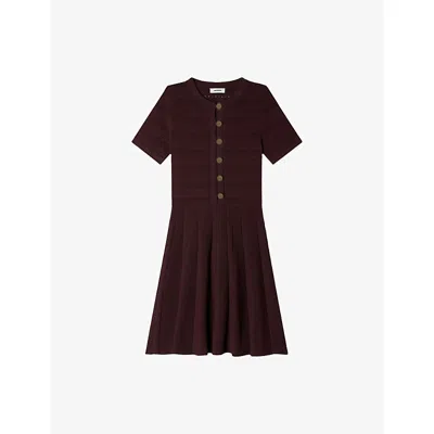 Sandro Womens Brown Short-sleeved Slim-fit Knitted Mini Dress In Brown