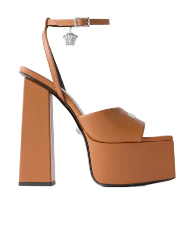 Versace Embellished Leather Platform Sandals In Brown