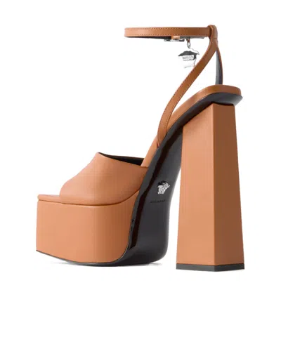 Versace Embellished Leather Platform Sandals In Brown