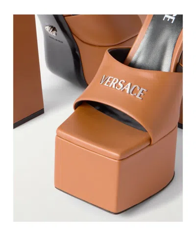 Versace Embellished Leather Platform Sandals In Brown
