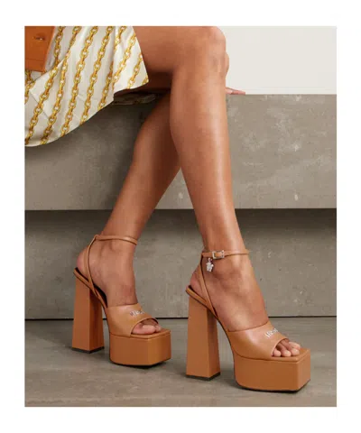 Versace Embellished Leather Platform Sandals In Brown