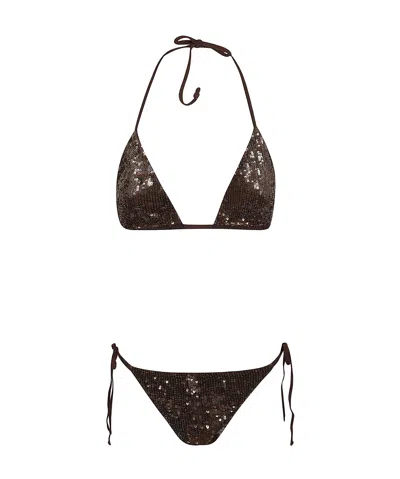 P.a.r.o.s.h Triangle Bikini Micro Sequins Sliding Cups In Brown