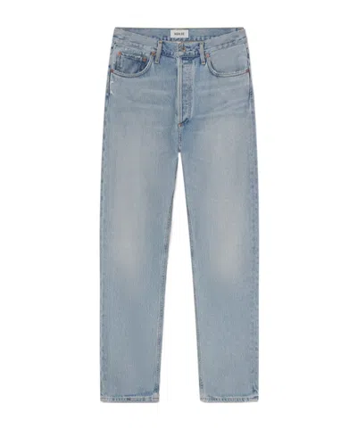 Agolde 90's Pinch Waist Long Frayed High-rise Straight-leg Jeans In Blue