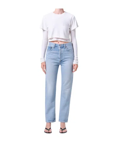 Agolde 90's Pinch Waist Long Frayed High-rise Straight-leg Jeans In Blue