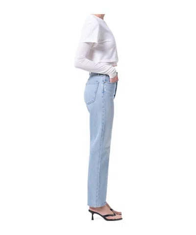 Agolde 90's Pinch Waist Long Frayed High-rise Straight-leg Jeans In Blue