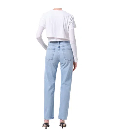 Agolde 90's Pinch Waist Long Frayed High-rise Straight-leg Jeans In Blue