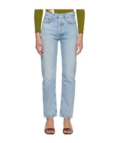 Agolde 90's Pinch Waist Long Frayed High-rise Straight-leg Jeans In Blue