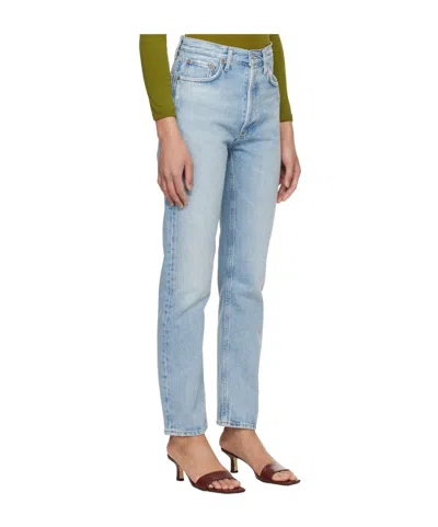 Agolde 90's Pinch Waist Long Frayed High-rise Straight-leg Jeans In Blue