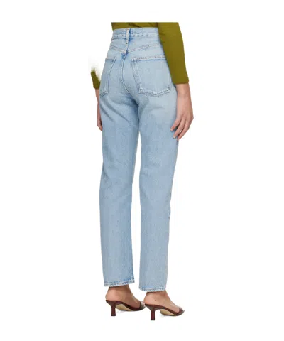 Agolde 90's Pinch Waist Long Frayed High-rise Straight-leg Jeans In Blue