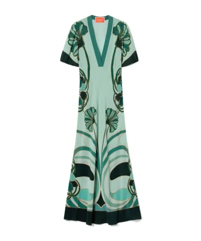 La Doublej Marlene Satin-trimmed Printed Silk-crepe Midi Dress In Green
