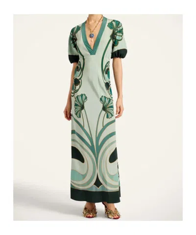 La Doublej Marlene Satin-trimmed Printed Silk-crepe Midi Dress In Green