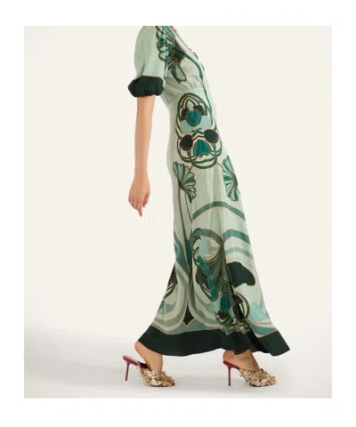 La Doublej Marlene Satin-trimmed Printed Silk-crepe Midi Dress In Green