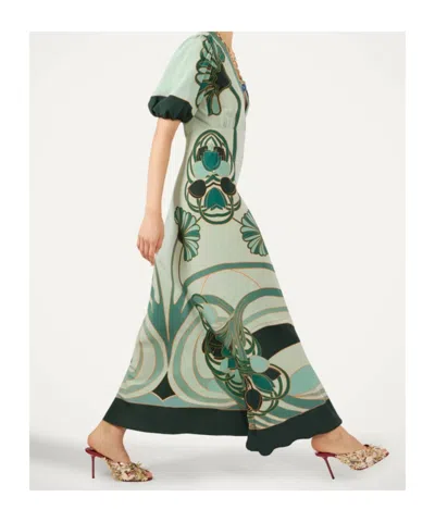 La Doublej Marlene Satin-trimmed Printed Silk-crepe Midi Dress In Green