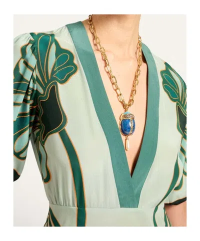 La Doublej Marlene Satin-trimmed Printed Silk-crepe Midi Dress In Green