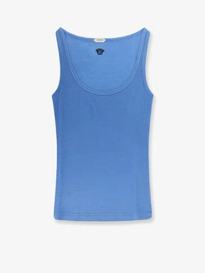 Versace Ribbed Silk-nylon Sleeveless Top With Subtle Logo In Blue