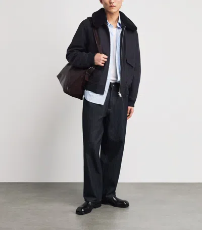 Sandro Paris Wool-blend Shearling Collar Aviator Jacket In Black