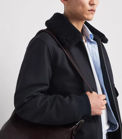 Sandro Paris Wool-blend Shearling Collar Aviator Jacket In Black