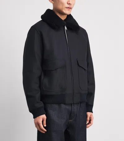 Sandro Paris Wool-blend Shearling Collar Aviator Jacket In Black