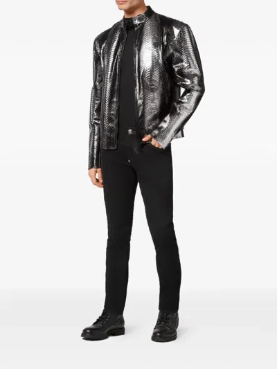 Philipp Plein Python-leather Biker Jacket In Black