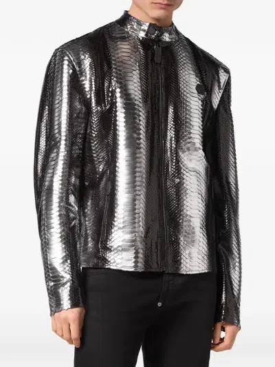 Philipp Plein Python-leather Biker Jacket In Black