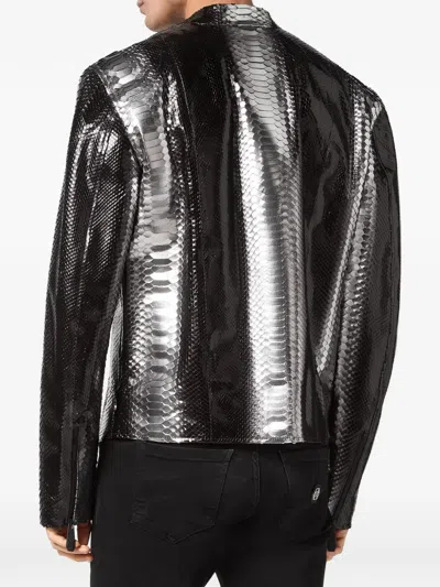 Philipp Plein Python-leather Biker Jacket In Black