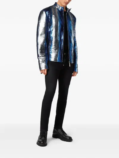 Philipp Plein Python-leather Biker Jacket In Blue