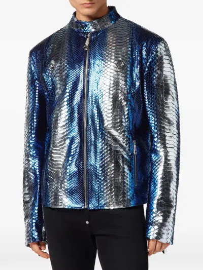 Philipp Plein Python-leather Biker Jacket In Blue