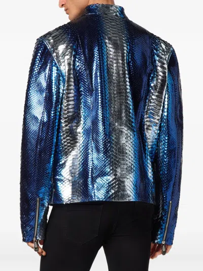 Philipp Plein Python-leather Biker Jacket In Blue