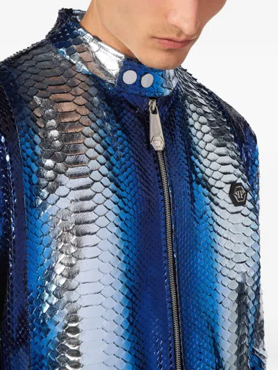 Philipp Plein Python-leather Biker Jacket In Blue