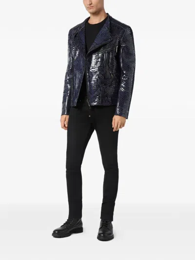 Philipp Plein Python-leather Biker Jacket In Blue