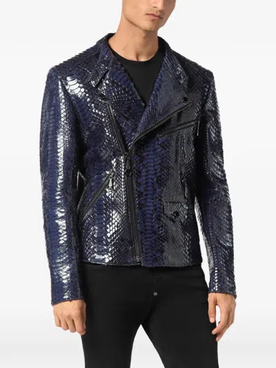 Philipp Plein Python-leather Biker Jacket In Blue
