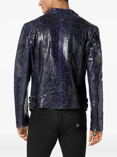 Philipp Plein Python-leather Biker Jacket In Blue