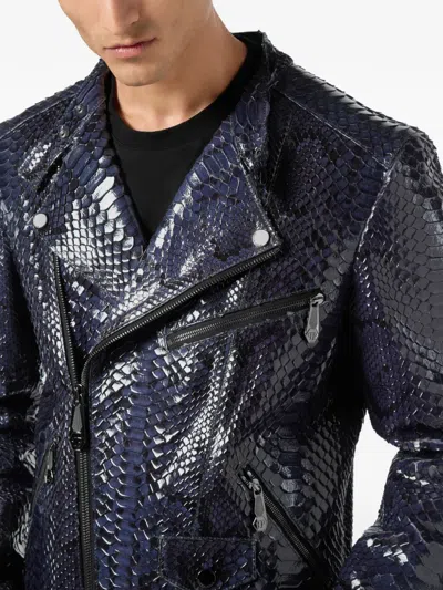 Philipp Plein Python-leather Biker Jacket In Blue