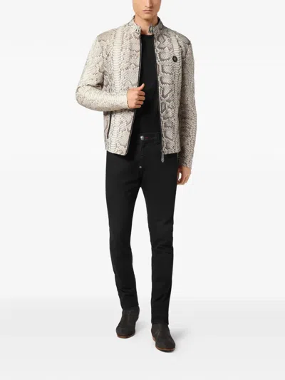 Philipp Plein Python-leather Biker Jacket In Brown