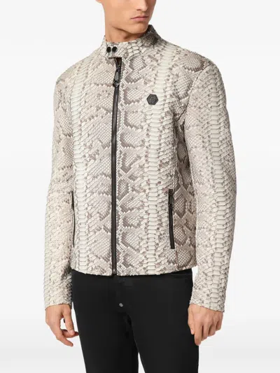 Philipp Plein Python-leather Biker Jacket In Brown