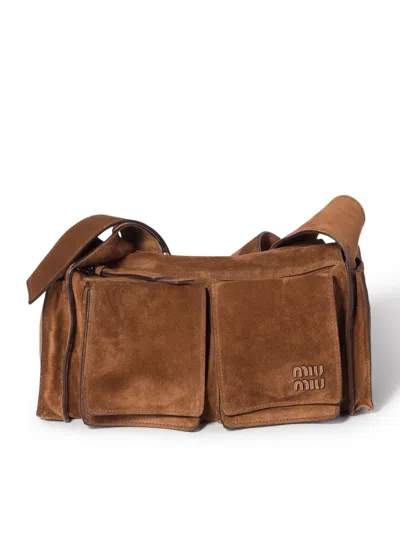 Miu Miu Suede Utilitaire Crossbody Bag Adjustable Strap In Brown